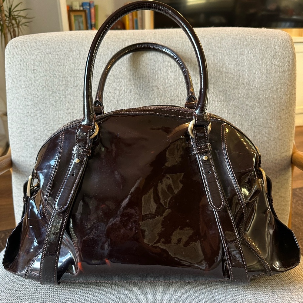 Cole Haan Y2K Black Cherry Patent Leather Satchel Bowler Style Shoulder Bag